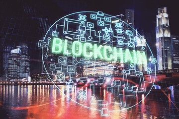 Multi exposure of cryptocurrency theme hologram drawing and city veiw background. Concept of...