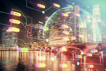 Map and data theme hologram on city view with skyscrapers background double exposure. International technology in business concept.