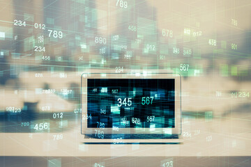 Multi exposure of table with computer on background and data theme drawing. Concept of innovation.