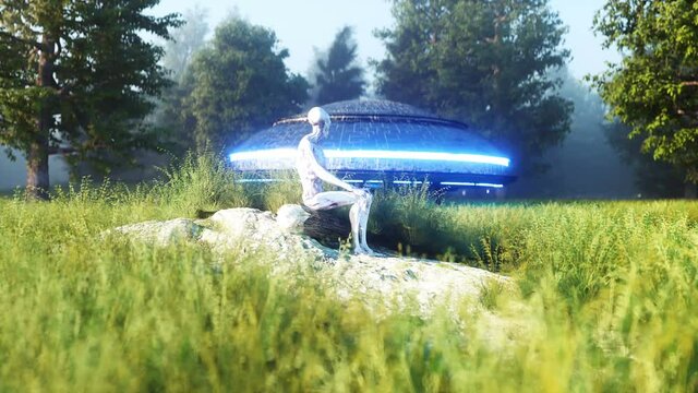 Funny alien sitting in forest. Realistic 4k animation.