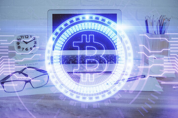 Obraz premium Double exposure of blockchain and crypto economy theme hologram and table with computer background. Concept of bitcoin cryptocurrency.