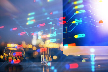 Naklejka premium Multi exposure of desktop with computer on background and tech theme drawing. Concept of big data.