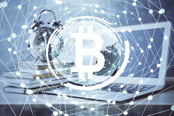 Double exposure of blockchain and crypto economy theme hologram and table with computer background. Concept of bitcoin cryptocurrency.