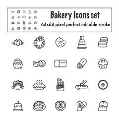 A thin line of bakery icons set that is pixel perfect editable stroke.