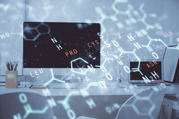 Desktop computer background and formula hologram writing. Double exposure. Education concept.