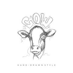 vector cow head in an abstract hand-drawn style, illustration in black and white animal