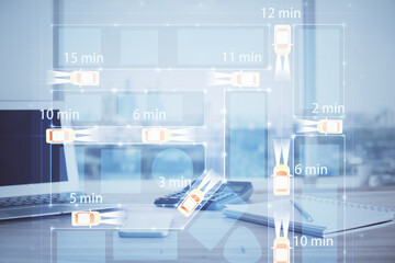 Desktop computer background in office with automobile hologram drawing. Multi exposure. Tech...