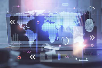 Multi exposure of table with computer and world map hologram. International data network concept.