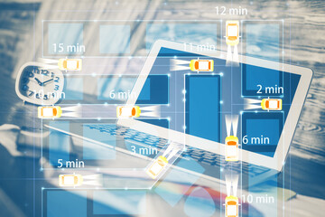 Desktop computer background in office with automobile hologram drawing. Multi exposure. Tech...