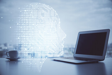 Multi exposure of work space with computer and human brain hologram. Brainstorm concept.