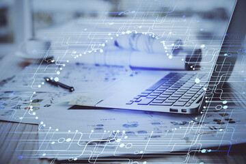 Double exposure of computer and technology theme hud. Concept of innovation.