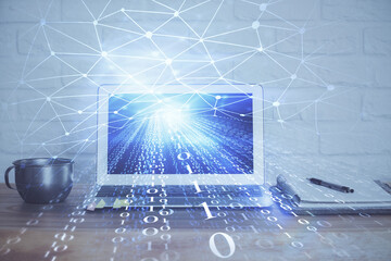 Double exposure of computer and technology theme hud. Concept of innovation.