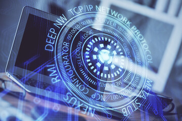 Technology theme drawing and work space with computer. Double exposure. Concept of innovation.