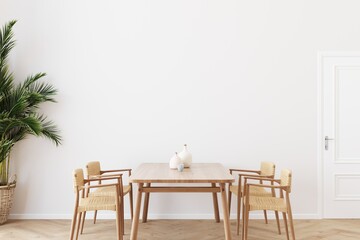 Dining room wall mock up with Areca palm, rattan dining set, wooden table on wooden floor. 3d...