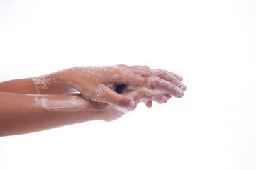 Hand washing practice ,good hygiene practice concept, isolated over white.