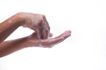 Hand washing practice ,good hygiene practice concept, isolated over white.