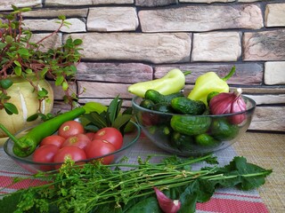 Food still life pepper cucumbers tomatoes and ather vegetables