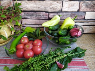 Food still life pepper cucumbers tomatoes and ather vegetables