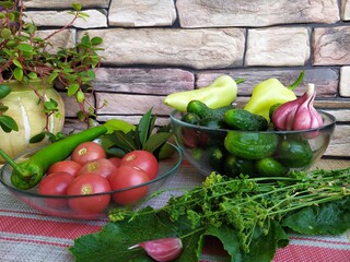 Food still life pepper cucumbers tomatoes and ather vegetables