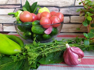 Food still life on the kitchen table pepper tomatoes cucumbers cherry plum garlic dill herbs grape leaves