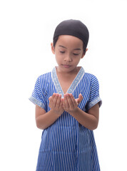 A Muslim kid with various poses isolated over white