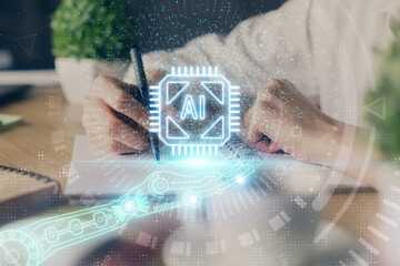Double exposure of woman's hands on background with technology and digital coding icons. Data development concept. Close up.