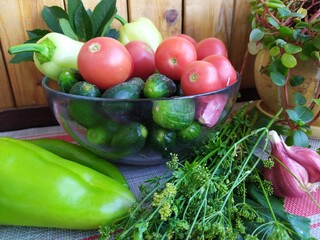 Food still life on the kitchen table pepper tomatoes cucumbers cherry plum garlic dill herbs grape leaves