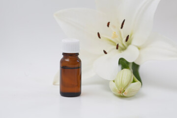 Lily (Lilium candidum) essential oil bottle on Lilium fresh flower background, isolated white