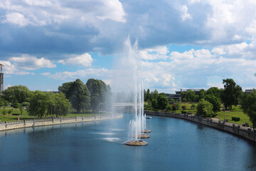 A fountain in a city reservoir.