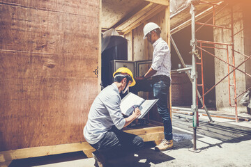 Project engineer, engineer and architect working on construction site, construction site engineer working on and inspect blueprint of project