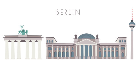 Vector postcard with Berlin architecture. The Brandenburg Gate, Television Tower and Reichstag © Карина Дорожкина