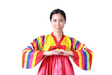 Asian women wearing traditional Korean hanbok Is a beautiful national dress, greeting Promote culture . White background.  isolated