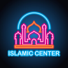 masjid or islamic centre neon sign for Muslims Pray. vector illustration