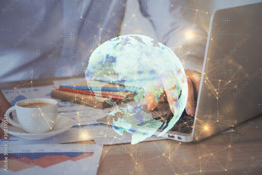 Poster Media network theme hologram with man working on computer on background. Concept of internet communication. Double exposure.