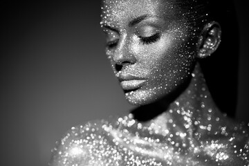 Fashion model woman in bright sparkles and lights posing in studio. Portrait of beautiful sexy...
