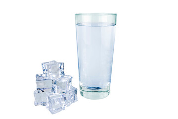 Ice cubes with a glass of water on a white background.