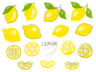 Whole lemon cut in half, slice, clipping path isolated on a white background. Set.
