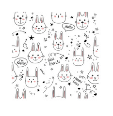 Seamless texture with cute rabbits. Doodle sketch of a rabbit.