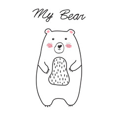 Sweet bear. Beautiful cartoon doodle cute bear in sketch style.