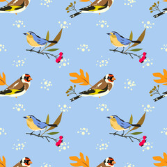 autumn birds repeated seamless vector pattern with goldfinch, robin and plants elements for fabric and surface design, stationery, gift wrap, product, greeting card.