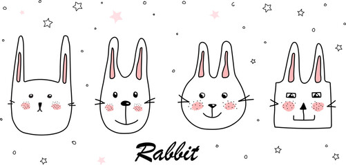 Beautiful cartoon doodle cute bunny in sketch style. Hand drawn minimalism style.