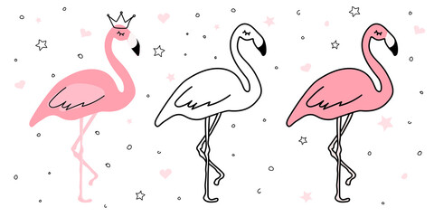 Pink flamingo. Doodle. Cartoon. Scandinavian style vector illustration.