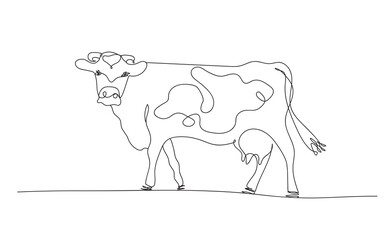 One line cow design silhouette and rural meadow on mountain background.