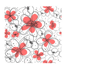 Seamless repeat pattern with flowers in black and yellow on a white background.  Doodle flowers.