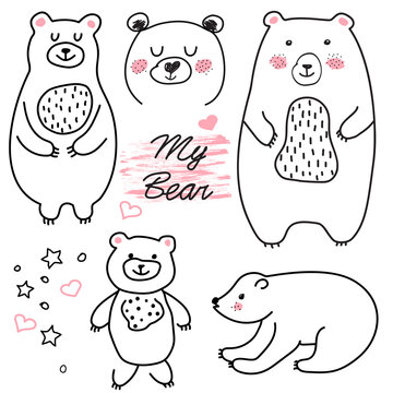 Sweet bear. Beautiful cartoon doodle cute bear in sketch style.