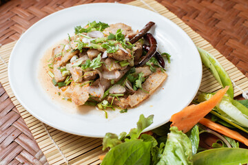 Thr popular of Thai food. Spicy Minced Pork Salad. 