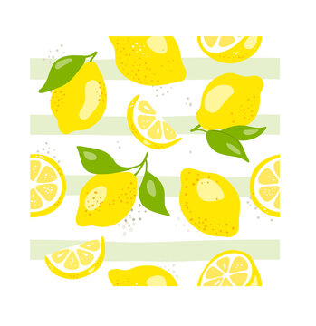 Fresh yellow fruits of lemon, lime, with green leaves and flowers. Seamless citrus texture on a white background.