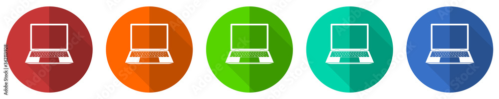 Poster open notebook icon set, laptop, mobile computer, red, blue, green and orange flat design web buttons
