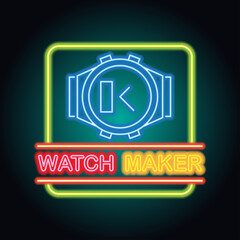 man and woman watches store neon sign for watcher maker and store plank banner. vector illustration
