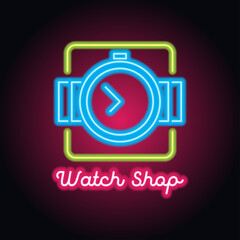 man and woman watches store neon sign for watcher maker and store plank banner. vector illustration